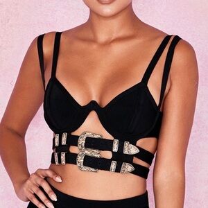 Sirena Black  Bralette Rave Crop Top Bandage Metal Buckle Cut Out Punk Tank Top